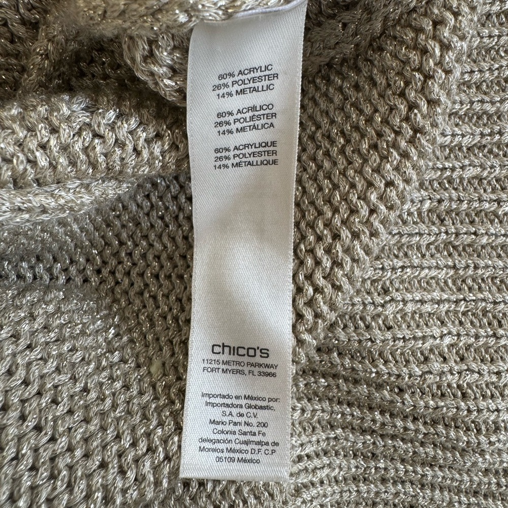 Chico's Tan Gold Shimmer Metallic Open Knit Short Sleeve Sweater Size Large - Picture 7 of 7